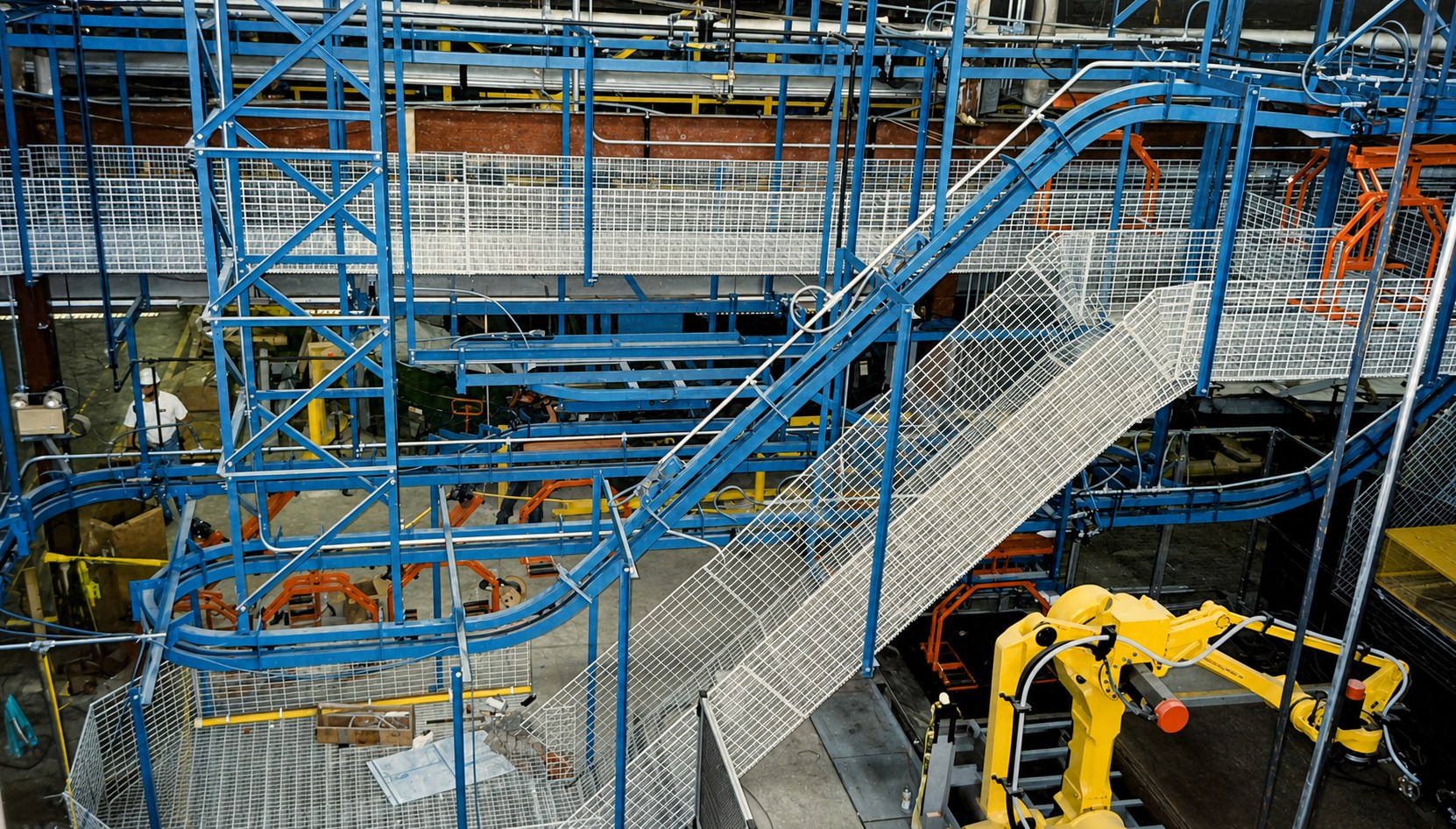 Industrial conveyor routes on blue support steel, with mesh guarding and adjacent robotic equipment.