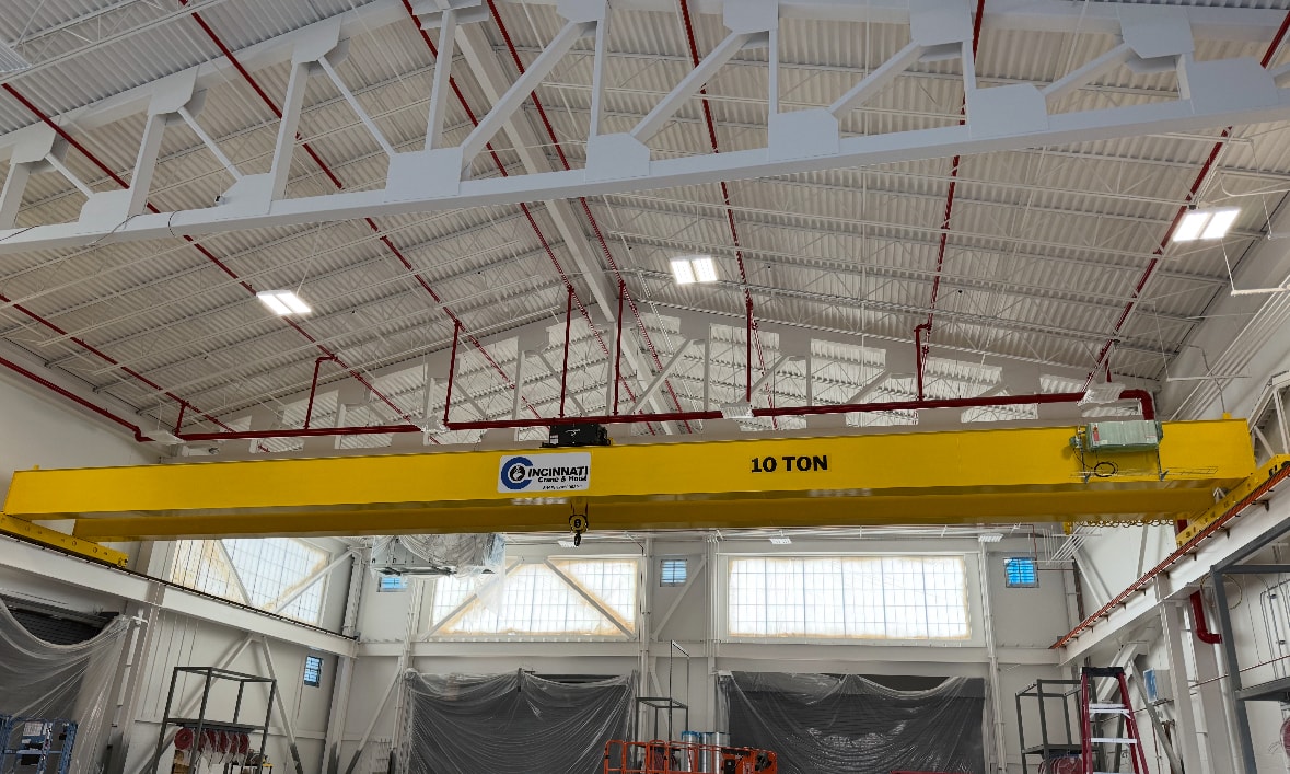 In place: the yellow 10-ton bridge crane spans the Michigan facility’s installation bay.