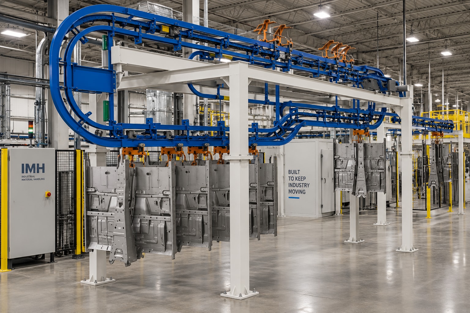 Blue Over-N-Under conveyor with vertically stacked runs, white support steel, and suspended metal panels.
