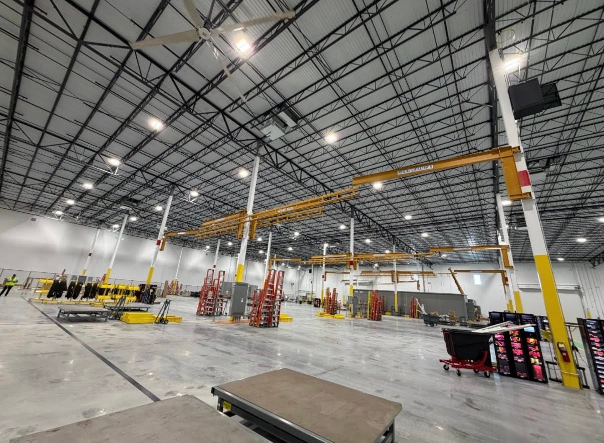 Rigid-lifeline systems installed across several production areas in the fabrication facility.