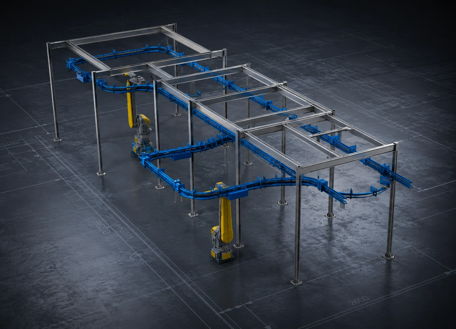 Overhead conveyor system render over engineering drawings