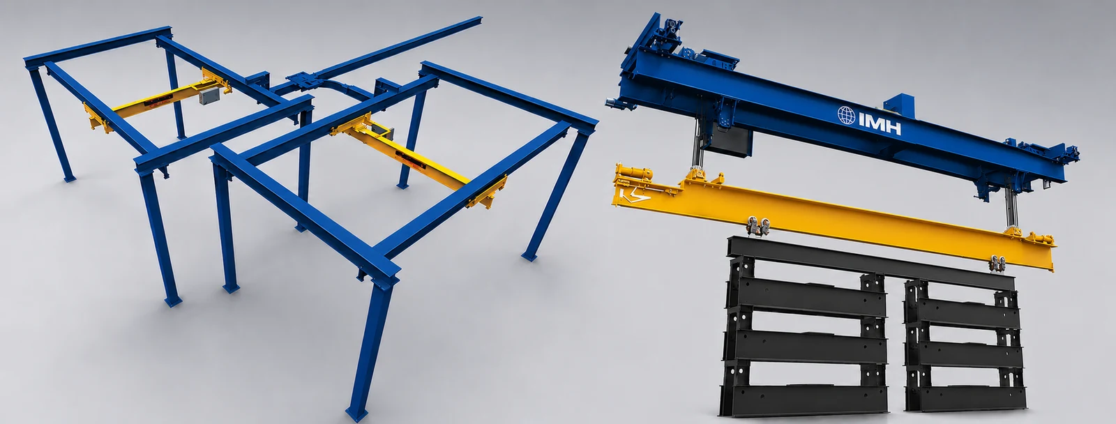 Blue routed monorail support steel with yellow powered hoist carriers and an IMH lifting system