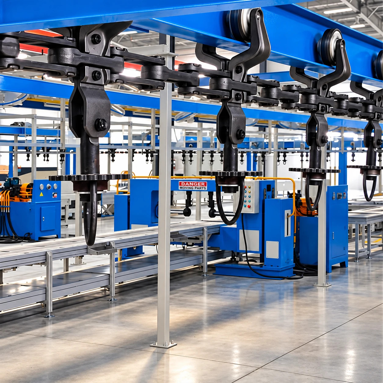 I-beam conveyor trolley wheels, connecting chain, and suspended carrier attachments shown in detail