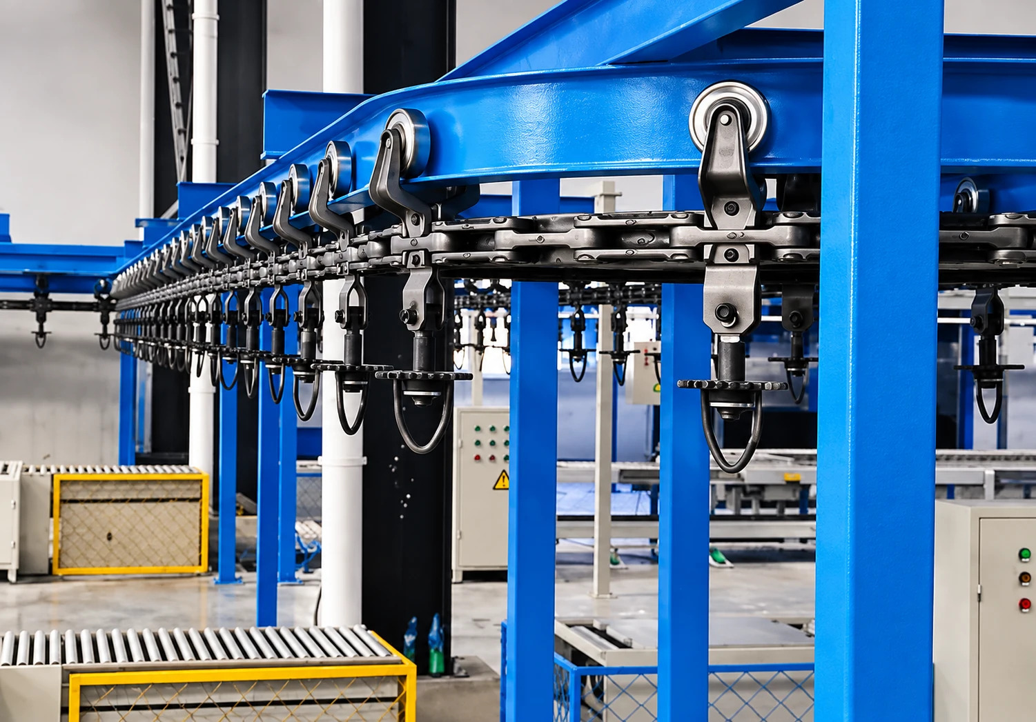 Blue I-beam conveyor with a long run of chain-linked trolleys and suspended load attachments.