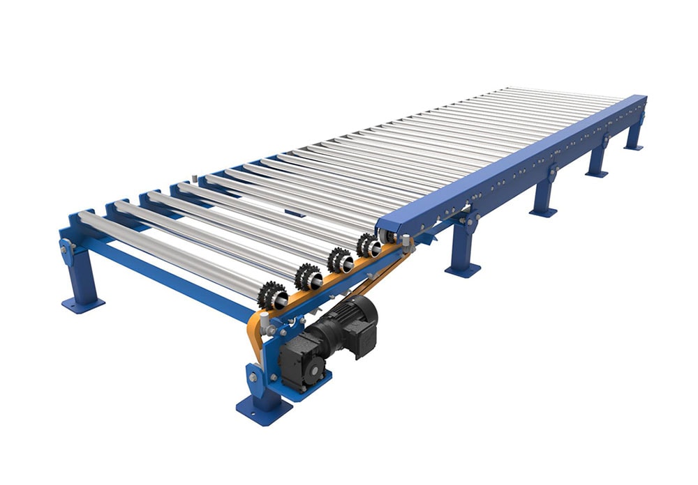 Illustration of a live roller conveyor showing roller sprockets and the drive assembly.
