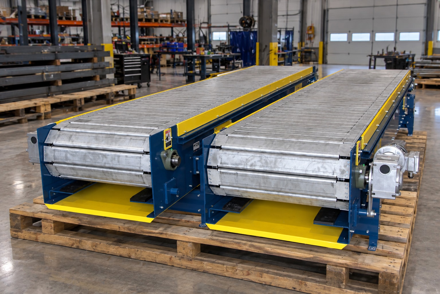 Two slat conveyors with metal conveying surfaces, blue frames, and yellow side guards on shipping skids.
