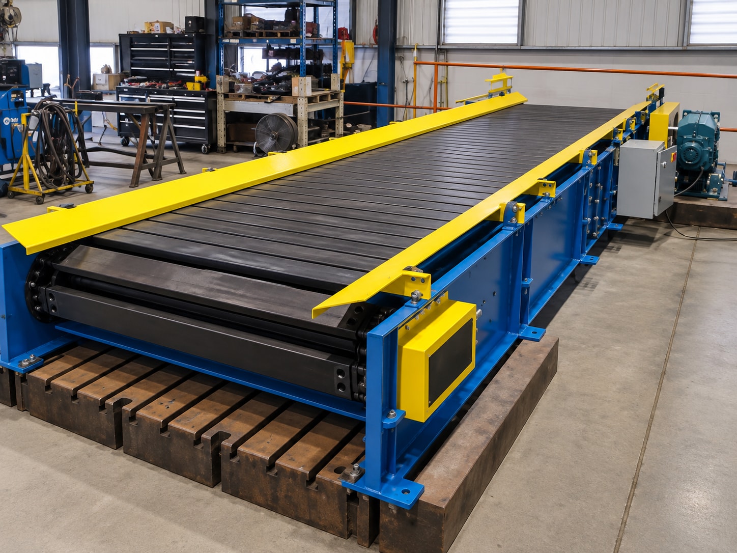 Slat conveyor with a dark rigid conveying surface, blue frame, yellow guides, and a drive assembly in a workshop.