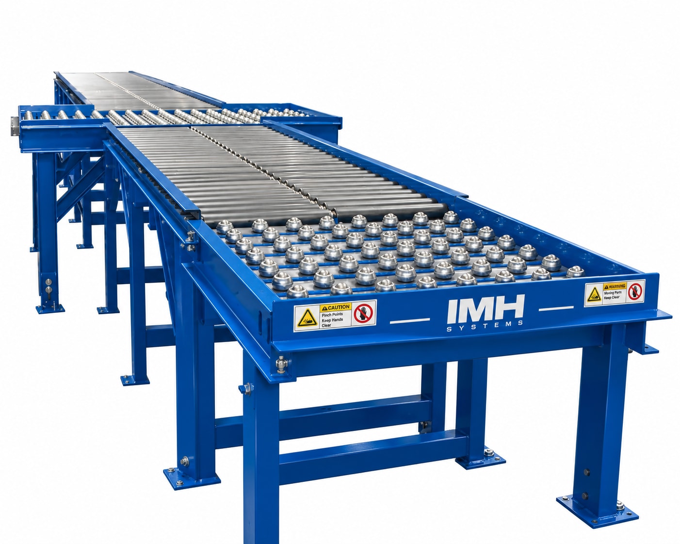 Blue IMH-branded roller conveyor with ball-transfer tables and a perpendicular roller section.