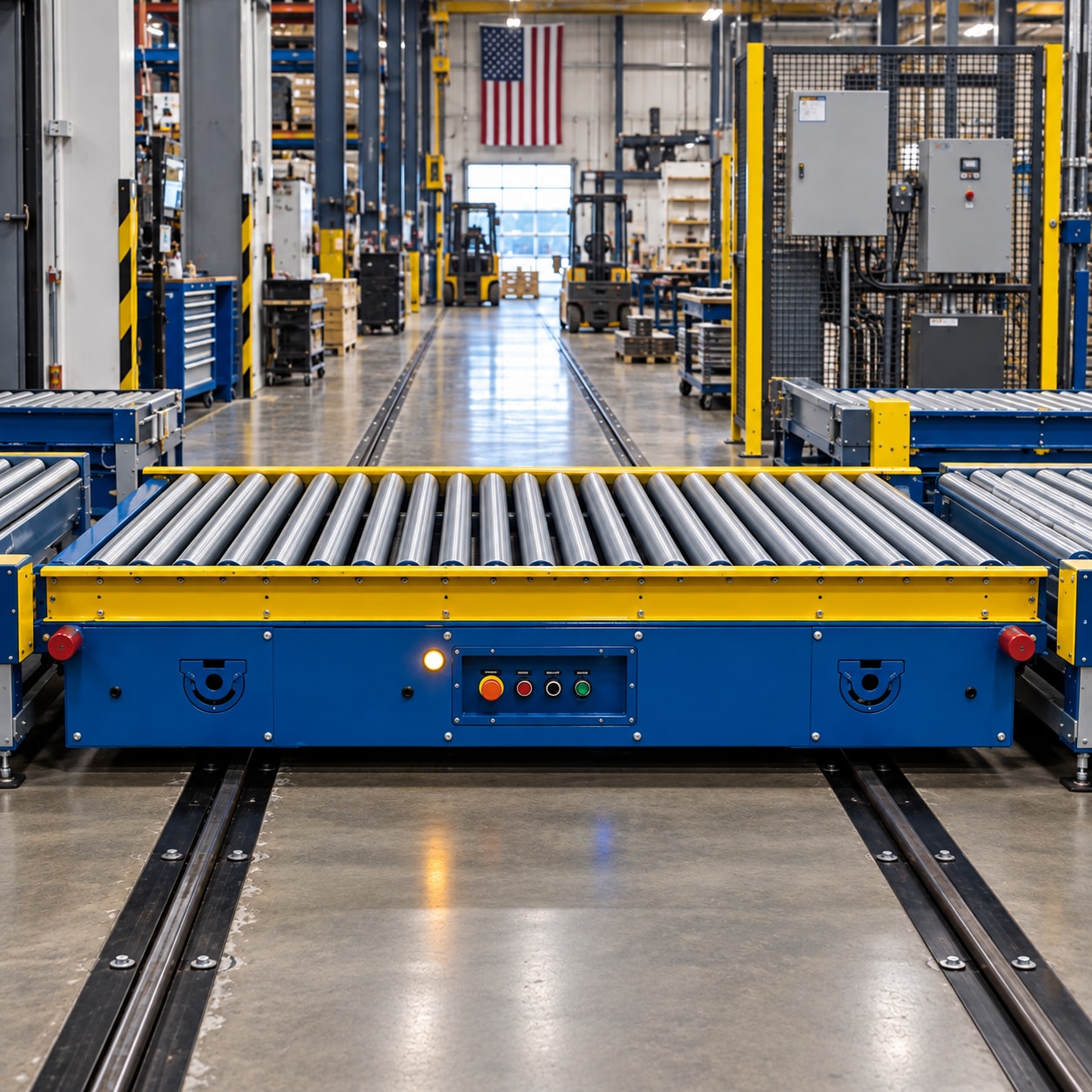 Blue and yellow rail-mounted transfer car with a roller deck positioned between conveyor lines in a workshop.