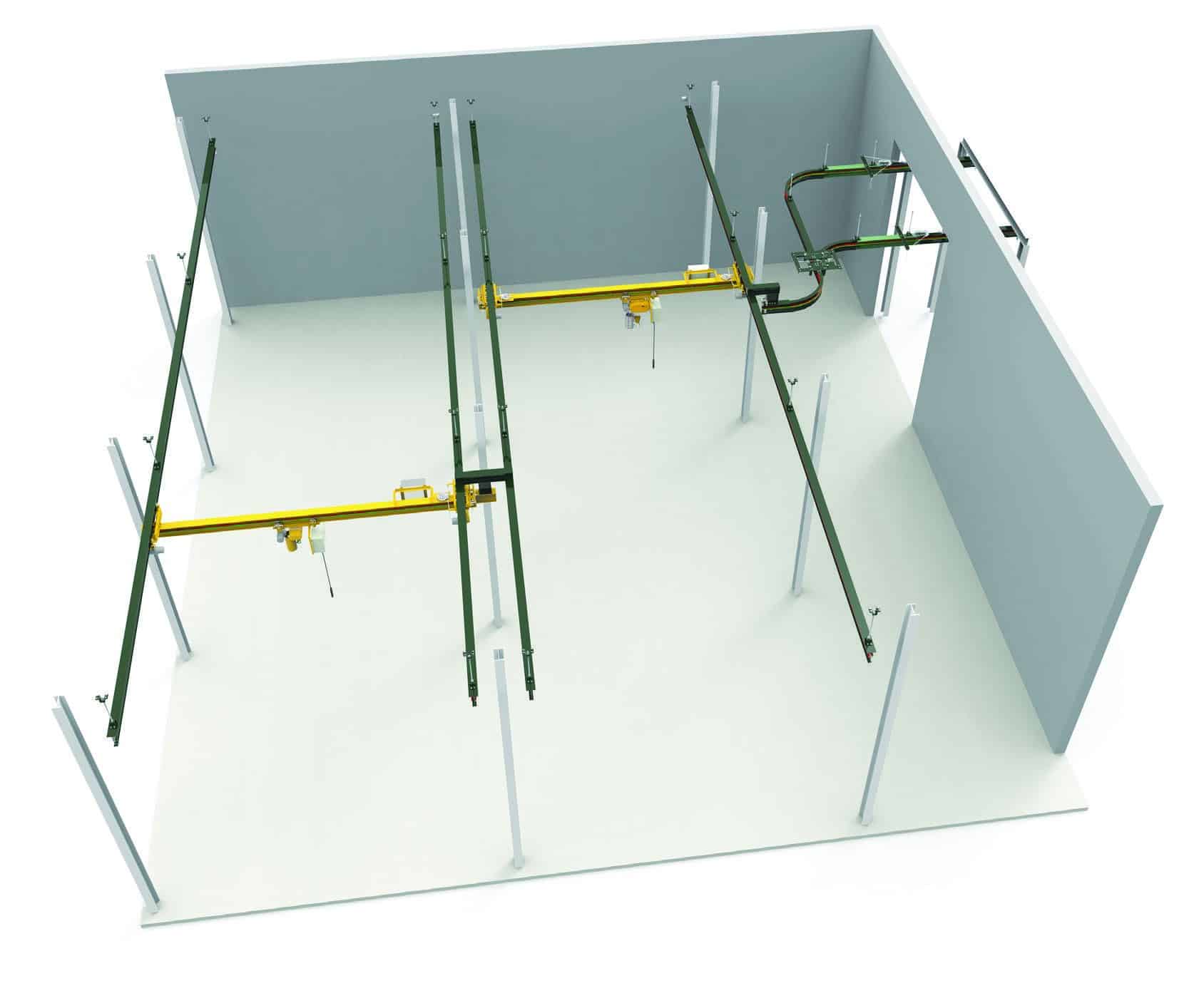Powered hoist monorail layout with curves, switches, interlocks, crossovers, and support steel