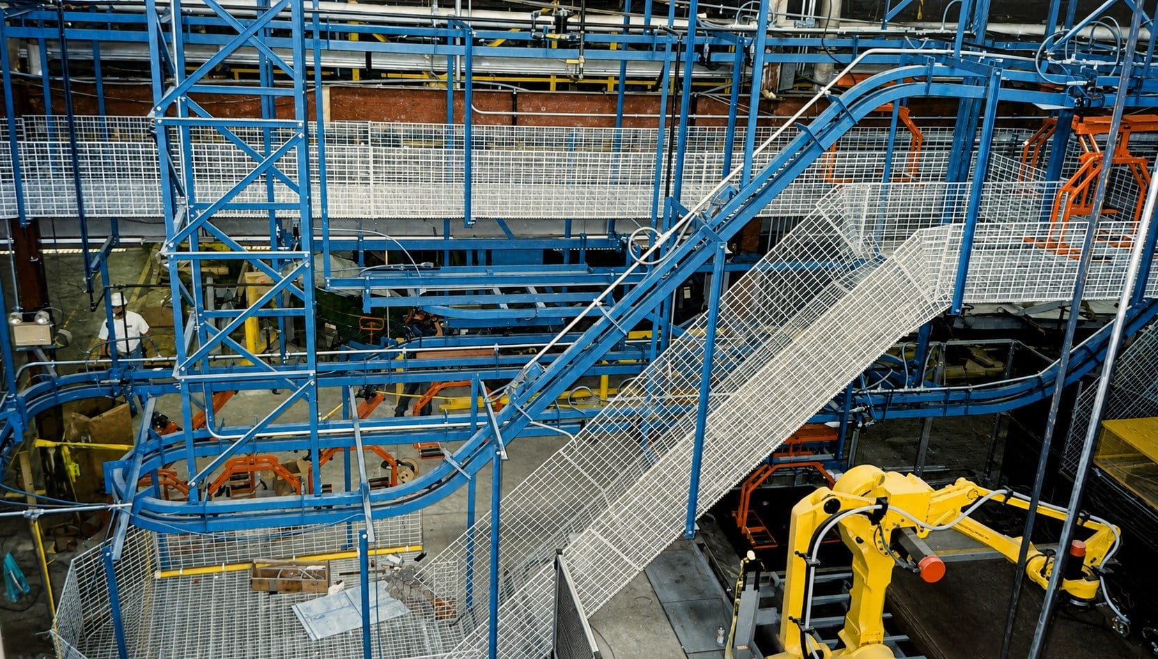 Overhead power and free conveyor system in a manufacturing facility